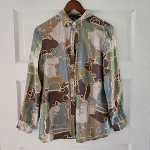 Silk dress shirt equestrian print brown green white blue, size small
